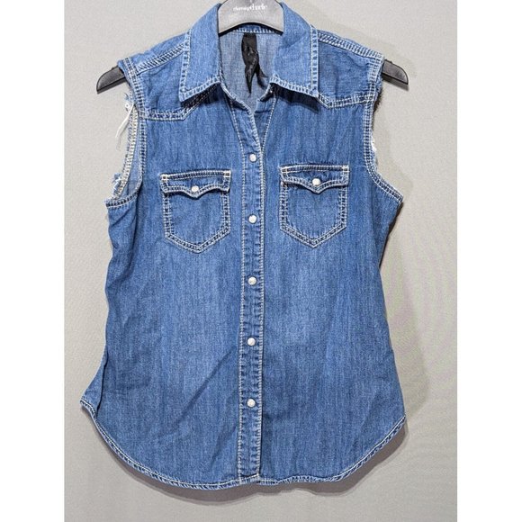 Seven 7 For All Mankind Western Blue Denim Sleeveless Pearl Snap Shirt Small - Picture 1 of 6